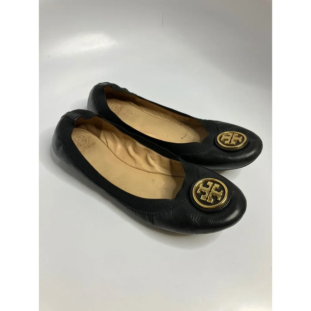 Tory Burch Minnie Ballet Flats Womens 8 Black Fair Leather Gold Logo Medallion